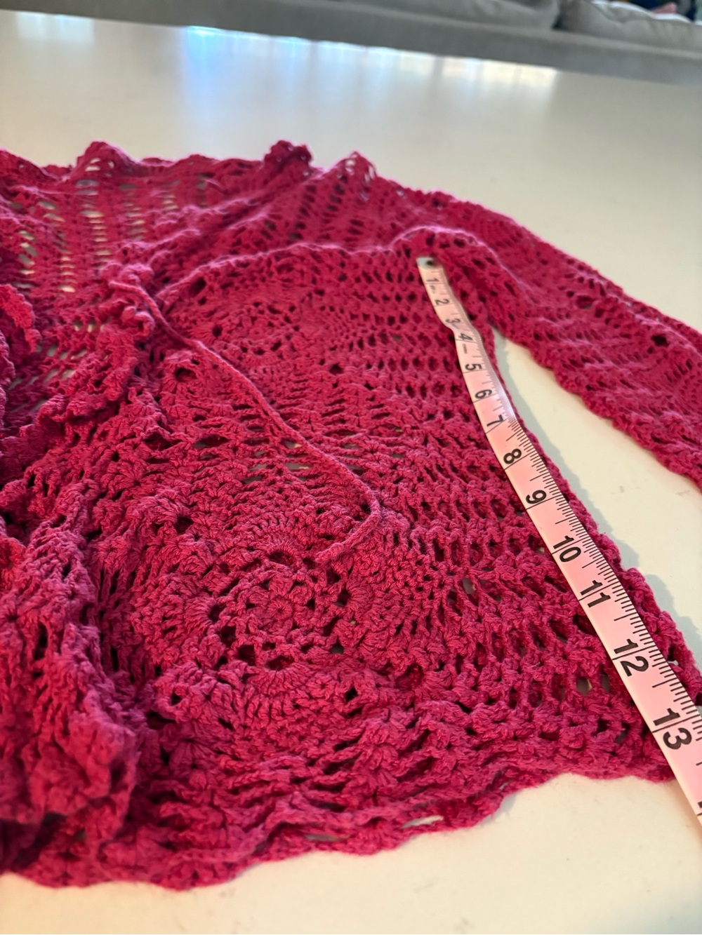 Openwork Crochet Tie-Front Cardigan in Raspberry - Picture 3 of 5
